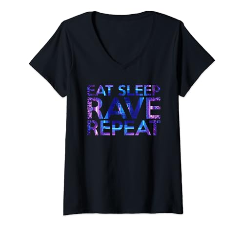 Damen Eat Sleep Rave wiederholt die farbenfrohe Lebensroutine von Partygängern in Neonfarben T-Shirt mit V-Ausschnitt von Eat Sleep Rave Repeat Rave Partygoers Life Routine