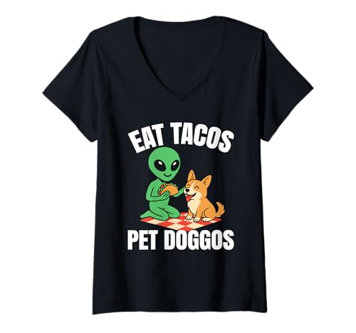 Damen Lustiger Alien-Taco-Hund - Eat Tacos Pet Doggos T-Shirt mit V-Ausschnitt Damen Lustiger Alien-Taco-Hund - Eat Tacos Pet Doggos T-Shirt mit V-Ausschnitt von Eat Tacos Pet Doggos Apparel