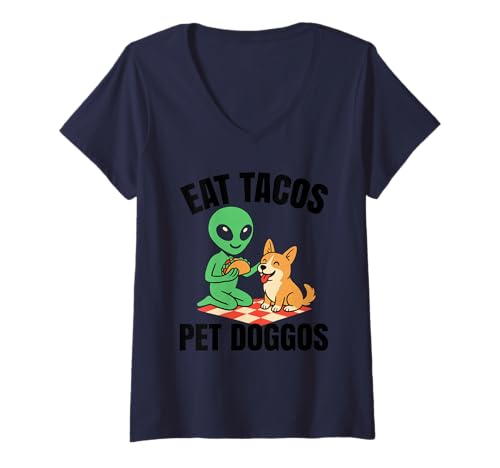 Damen Lustiger Taco Alien Dog - ISS Tacos Pet Doggos T-Shirt mit V-Ausschnitt Damen Lustiger Taco Alien Dog - ISS Tacos Pet Doggos T-Shirt mit V-Ausschnitt von Eat Tacos Pet Doggos Apparel