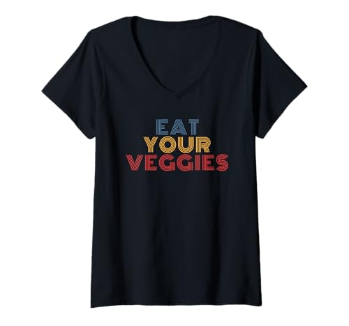 Damen Eat Your Veggies Retro 70er Jahre Vintage T-Shirt mit V-Ausschnitt von Eat Your Veggies Tees