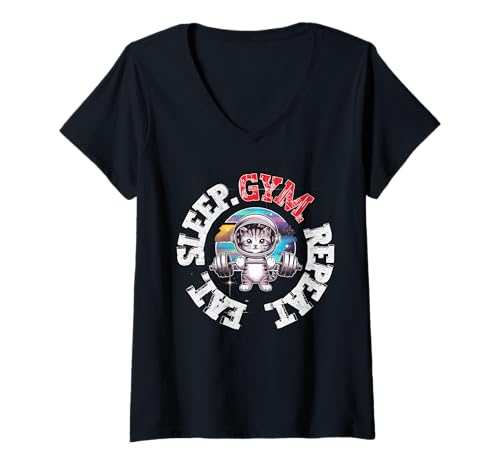 Damen Essen. Schlaf. Fitnessstudio. Geerntet. Lustiges Katzentraining für Katzenliebhaber T-Shirt mit V-Ausschnitt von Eat. Sleep. Gym. Reaped.