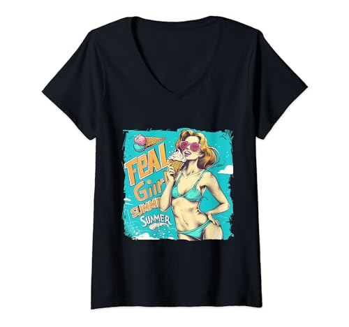 Damen Feral Girl Sommerparty Eisfest T-Shirt mit V-Ausschnitt von EatSleepFind