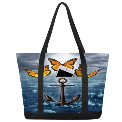 Eativisa Bright Butterfly Anchor Tote Bag for Women Work Canvas Travel Tote Bags with Zipper Large Capacity Casual Handbag with Inner Pockets Reusable Shopping Shoulder Bag for Teacher Nurse Eativisa Bright Butterfly Anchor Tote Bag for Women Work Canvas Travel Tote Bags with Zipper Large Capacity Casual Handbag with Inner Pockets Reusable Shopping Shoulder Bag for Teacher Nurse von Eativisa