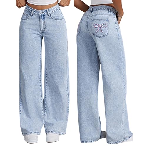 Baggy Jeans Damen Mädchen Y2K - Boyfriend Jeanshose mit Schleife Drucken Low Waist Hip Hop Straight Vintage Denim Hose Breites Bein Locker Streetwear Schlupfjeans Freizeithose Loose Hosen von Eauptffy