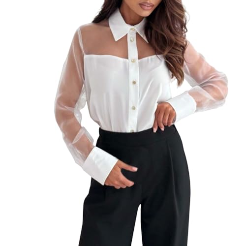 Damen Durchsichtig Bluse - Sheer Hemdshirt Elegant Langarm Button Down Mesh Oberteil Loose Chiffonbluse Oversized Hemdbluse Knöpfen Blusen Casaul V-Kragen Tops Weiße Festlich Shirts von Eauptffy