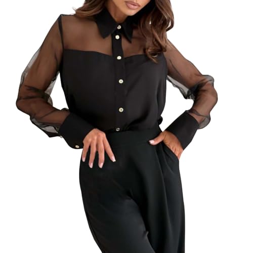 Damen Durchsichtig Bluse - Sheer Hemdshirt Elegant Langarm Button Down Mesh Oberteil Loose Chiffonbluse Oversized Hemdbluse Knöpfen Blusen Casaul V-Kragen Tops Weiße Festlich Shirts von Eauptffy