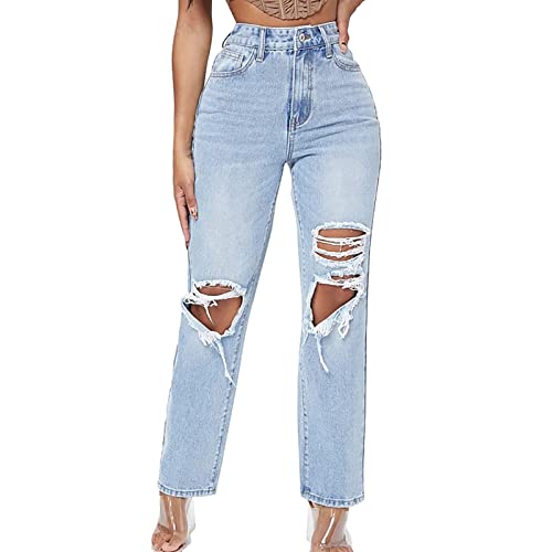 Damen Skinny Jeans Stretch Jeanshose Löcher , Einfarbig, Locker Gewaschen Und Poliert, Weiß, Mittlere Taille, Zerrissene Jeans Und Hosen Jeanshosen 42 Damen Skinny Fit Jeans High Waist (Z1-A, L) von Eauptffy