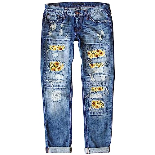 Eauptffy 2023 Damen Skinny Jeanshosen Hohe Taille Slim Fit Damenjeans Damen-Jeans Mit Ausgefransten Sonnenblumen-Leopardenmustern Und Zerrissener Mittlerer Taille Jeanshosen 40 von Eauptffy