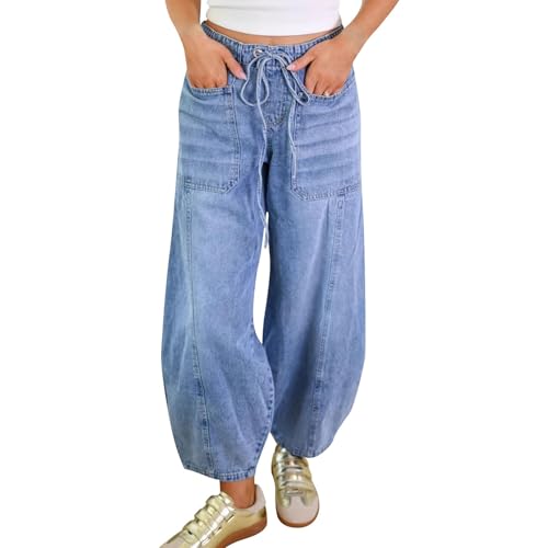 Eauptffy Baggy Jeans Damen 7/8 Hosen Sommer Jeans Boyfriend Jeanshose Weites Bein Freizeithose Frauen Jeanshosen Mit Drawstring Gürtel Gummizug Denim Hose Vintage Lose Sommerhose Leicht Streetwear von Eauptffy