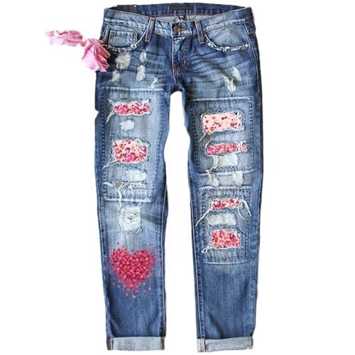 Eauptffy Bedruckte Jeans Damen High Waist Pants Jeans Independence Day Print Zerrissene Hose Jeanshosen Stretch Damen Capri Jeans Hose Damen Sommerhose von Eauptffy
