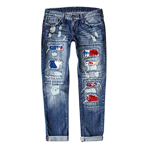 Eauptffy Bedruckte Jeans Damen High Waist Pants Jeans Independence Day Print Zerrissene Hose Jeanshosen Stretch Damen Capri Jeans Hose Damen Sommerhose von Eauptffy