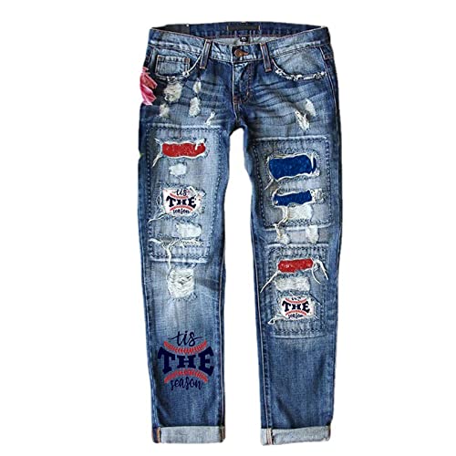 Eauptffy Bedruckte Jeans Damen High Waist Pants Jeans Independence Day Print Zerrissene Hose Jeanshosen Stretch Damen Capri Jeans Hose Damen Sommerhose von Eauptffy