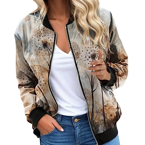 Eauptffy Bomberjacke Damen Bunt, Blouson Jacke Damen Grün, Pilotenjacke Lange Ärmel Zip Fliegerjacke Kuschelig Dünne Bomber Jacket Gedruckte Modische Collegejacke Lässig Eleganter Jacke Frauen 2024 von Eauptffy