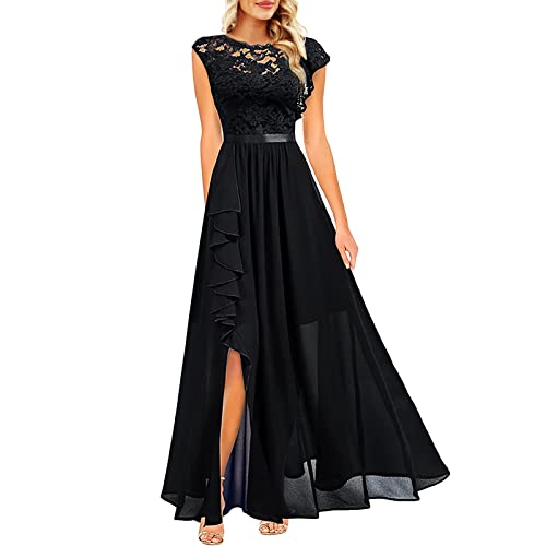 Eauptffy Damen Cocktailkleid Elegant Für Hochzeit Festliche Kleider Frauen Festes Kleid Spitze Splice Ärmelloses Rundhalsausschnitt Rüschensaum Kleid Mode Sweatshirt Abendkleid Kleid Mit Blumen Damen von Eauptffy