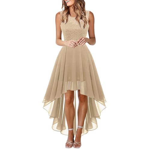 Eauptffy Frauen Spitze Kleid mit Schleife Gürtel - Abendkleid Elegant Unregelmäßige Länge Ärmellos Chiffon Brautjungfer Cocktail Party Damen Slim Fit ohne Bounce Wrapped Brust Ärmellos Cocktailkleid von Eauptffy