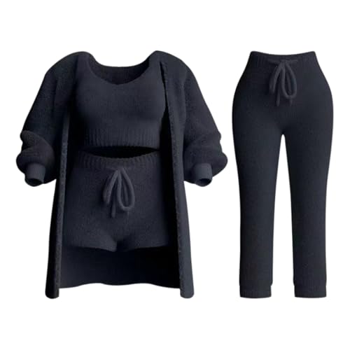 Eauptffy Hausanzug Damen Set 4 Teilig,Cozy Knit Set 4-Teilig, Einfarbig Rundhals Freizeitanzug Tracksuit Cozy Knit Sets Crop Top, Shorts & Long Coat Warm Jogginganzug Set Kaputzenjacke Set von Eauptffy