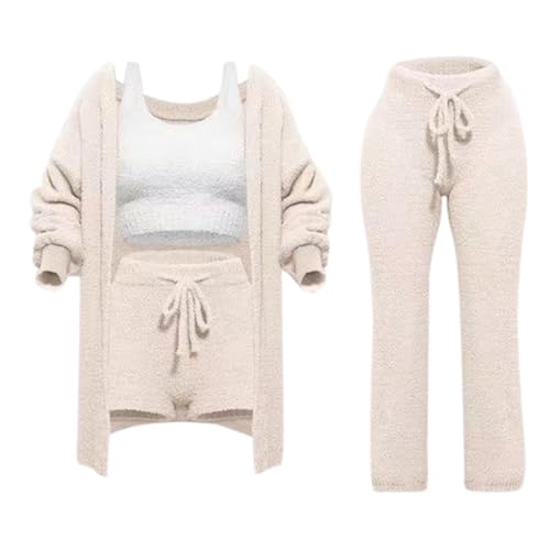 Eauptffy Hausanzug Damen Set 4 Teilig,Cozy Knit Set 4-Teilig, Einfarbig Rundhals Freizeitanzug Tracksuit Cozy Knit Sets Crop Top, Shorts & Long Coat Warm Trainingsanzug Set Kaputzenjacke Set von Eauptffy