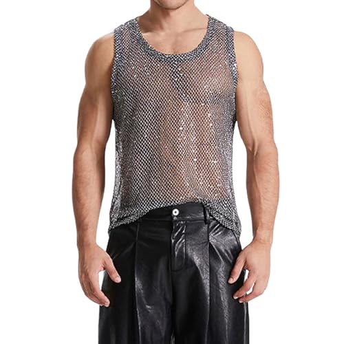 Eauptffy Herren Fischnetz Party Top Sexy Glitzer Tanktops Mesh Durchsichtig Tank Tops Clubwear Netz Hemd Sommer Netzoberteil Muskel Netzshirt Glänzend Transparent T-Shirt von Eauptffy