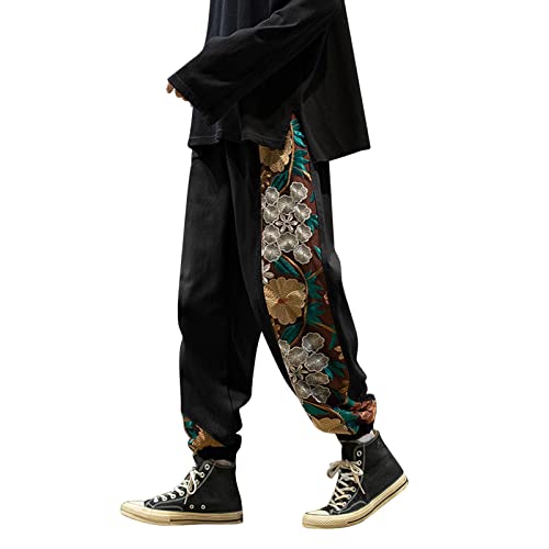 Eauptffy Herren Hose leinen Sommer Loose Mens Japanese Retro Trend Plus Size bestickte farblich passende Freizeithose Hosen Mit von Eauptffy