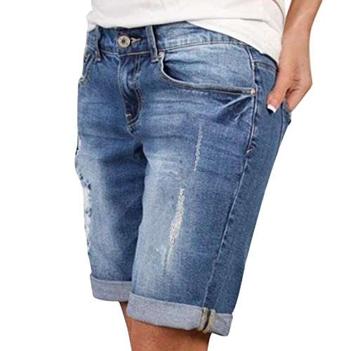 Eauptffy Jeansshorts Damen Basic Jeans Sommer Bermuda-Shorts Jeans Damen Latzhose Kurze Hosen aus Denim für den Damen High Waist Lochjeans Beiläufige High Waist Kurze Hose mit Ripped Loch Hosen Shorts von Eauptffy