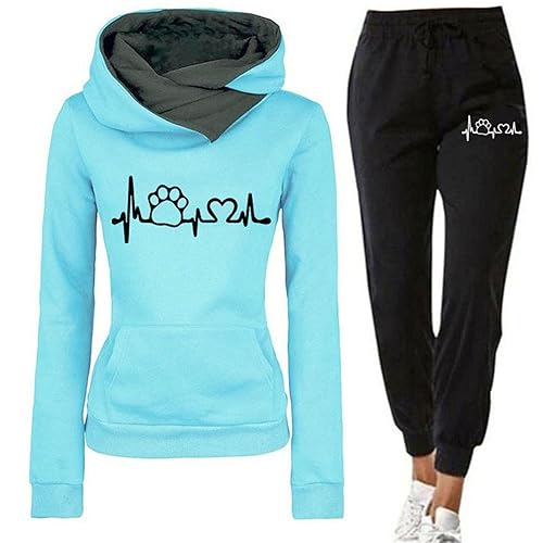 Eauptffy Jogginganzug Damen Trainingsanzug 2 Teiliges Heartbeat Tierpfoten Print Outfit Sport Freizeit Kapuzenpullover mit Taschen Hosenanzug Herbst und Winter Sweatshirt von Eauptffy