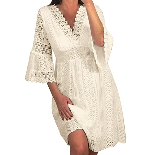 Eauptffy Strandkleid Damen Luftig, V-Ausschnit Sexy Sommerkleid Elegant Leicht Luftig Freizeitkleid mit Spitze Kurzarm Strandkleider A Linie Festlich Bequem Casual Midikleid Boho Kleid von Eauptffy