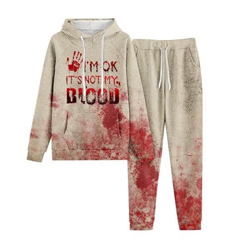 Eauptffy Tracksuit Baggy Y2K, Hoody und Sporthose, Hoodie Anzug Horror mit Blood Drucken Trainingsanzug-Set Kapuze 2-Teiliges Sweatsuit Baggy Lounge Hausanzug Modern Halloween Bekleidungsset Running von Eauptffy