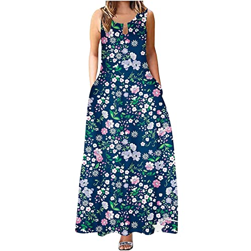 Eauptffy Vintage Damen Strandkleider Boho Sommer Kleider Sommerkleider Für Frauen Mit Blumendruck, Ärmelloses Langes Kleid, Lässig, Elegant, Locker Für Party-Maxikleid Maxi Kleider Für Damen Langarm von Eauptffy