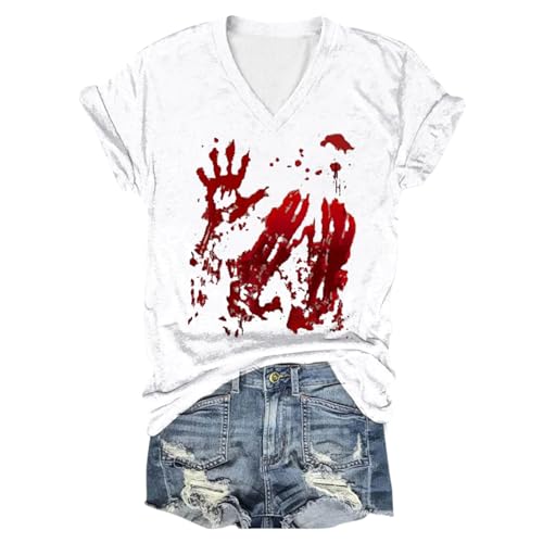 I'm Fine Blood Shirt, Damen Sommer Oberteile, T Shirts Blut Verletzung Entsetzen Shirt V-Ausschnit Kurzarm Top mit Blutigem Print Blusen Leichter Lässige Blutspritzer Kostüm Halloween von Eauptffy