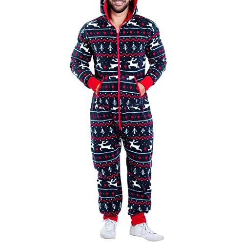 Pyjama Herren Karierter Schlafanzug Overall Pyjama Kuschelig Onesie Einteiler Hausanzug Langarm Pyjamahose Sleepwear Hausanzug Playsuit One Piece Reißverschluss Trainingsanzug mit Kapuze und Tasche von Eauptffy