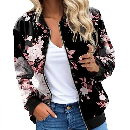Schwarze Bomberjacke Damen, Blouson Jacke Damen Gold, Pilotenjacke Lange Ärmel Zip Up Fliegerjacke Dünne Leicht Damenblouson Modische Bedruckte Collegejacke Lässiges Elegantes Outwear Frauen 2024 von Eauptffy