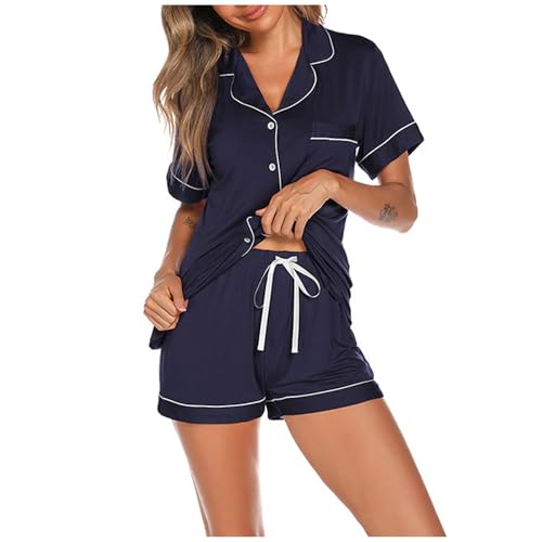 Sommer Schlafanzug Damen, Musselin Pyjama Damen, Pjs Shorty Zweiteiliger Nachtwäsche Umlegekragen mit Knöpfen Sleepwear Lässiges Weich Kurzarm Oberteil und Kurze Hosen Schlafoverall Einfarbiger 2024 von Eauptffy