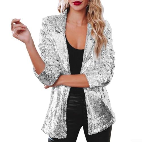 Eawfgtuw Damen Glänzende Pailletten Blazer Casual Langarm Glitzer Jacke Mantel Herbst Rave Party Oberbekleidung Nachtclub Y2K Mode Street Style Revers Strickjacke (XL Silber) von Eawfgtuw