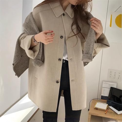 Eawfgtuw Damen Winter Wollmantel Langarm Mittellanger Reverskragen Knopfleiste Verdickte Lockere Passform Cardigan Jacke Warmer Mantel für Herbst Winter (Apricot) von Eawfgtuw
