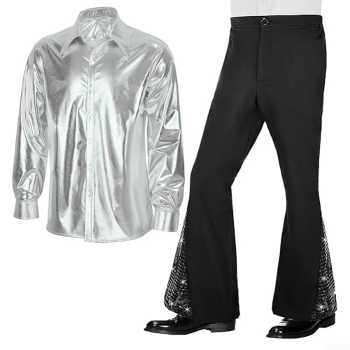 Eawfgtuw Herren 70er Jahre Disco Kostüm Set Langarm Glänzendes Hemd Pailletten Schlaghose 2-teiliges Outfit Vintage Hippie Party Karneval Kleidung (3XL Silber) von Eawfgtuw