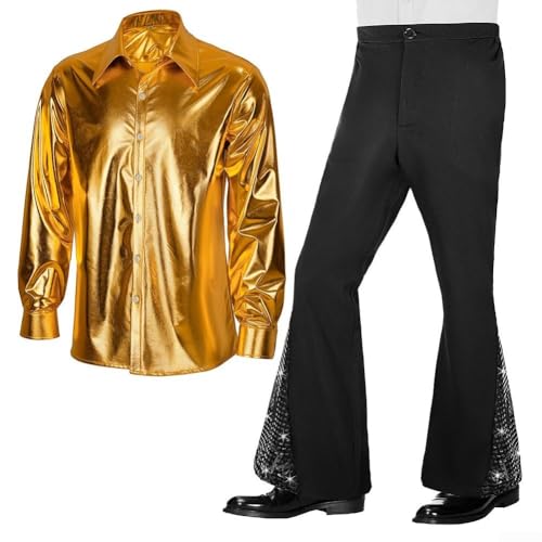 Eawfgtuw Herren 70er Jahre Disco Kostüm Set Langarm Glänzendes Hemd Pailletten Schlaghose 2-teiliges Outfit Vintage Hippie Party Karneval Kleidung (L Golden) von Eawfgtuw