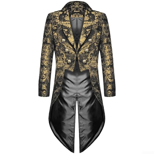 Eawfgtuw Herren Gothic Steampunk Frack Jacke Retro Punk Windbreaker viktorianischer Brokat Damast Hochzeit Mantel Umhang Langarm Kragen Herbst Winter Oberbekleidung Schwarz Gold (XL Gold) von Eawfgtuw