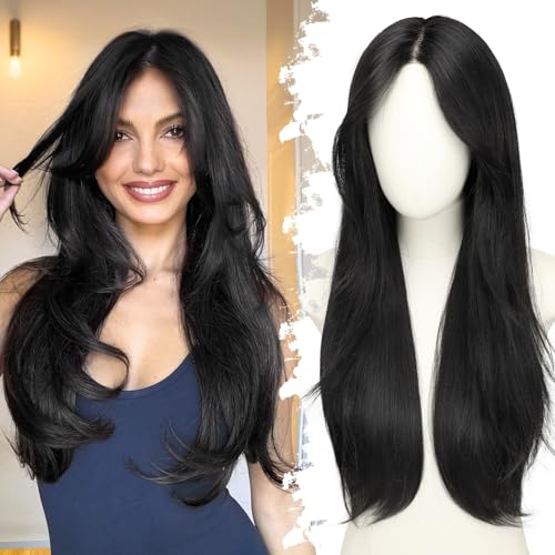 Eawwii Natürliche schwarze klebefreie Perücken für Frauen, vorgeschnittener, synthetischer Spitzenhaaransatz, lange, geschichtete, gerade Frisur, 66 cm Eawwii Natürliche schwarze klebefreie Perücken für Frauen, vorgeschnittener, synthetischer Spitzenhaaransatz, lange, geschichtete, gerade Frisur, 66 cm von Eawwii
