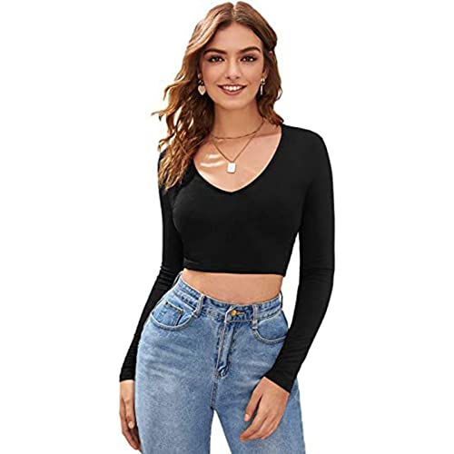 Abgeschnittenes T-Shirt | Schwarz Weiß V-Ausschnitt Langarm eng anliegendes Crop Top,Taillierte Damenhemden für Freizeit von Eayoly