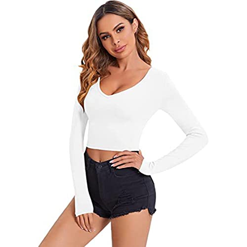 Abgeschnittenes T-Shirt | Schwarz Weiß V-Ausschnitt Langarm eng anliegendes Crop Top | Solide Basic-Shirts für Frauen für Partys, Dating-Bars von Eayoly