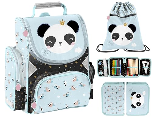 Ebaxx Schulranzen Set 3 teilig Tornister Mädchen Pferd Schwarz Blau Panda von Ebaxx