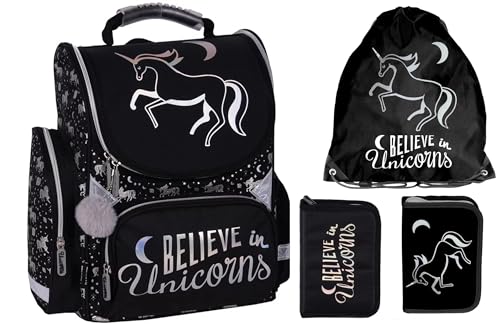 Ebaxx Schulranzen Set 3 teilig Tornister Mädchen Pferd Schwarz Einhorn von Ebaxx