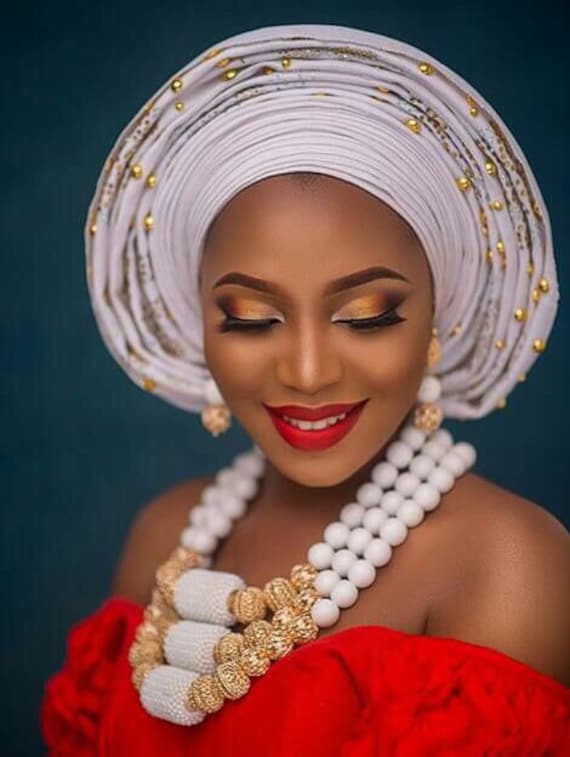 Frauen Anlass Party Pretied Autogele Owambe Aso Oke Gele Set von Ebblyboutique