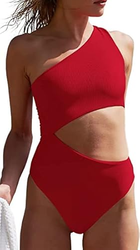 Damen Badeanzug One Shoulder Badeanzug Sexy Cutout Bademode Gerippt Einteilige Bademode Sommer Swimsuit.Rot.L von Ebifin