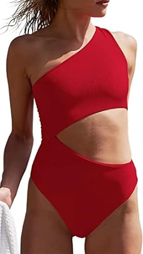 Damen Badeanzug One Shoulder Badeanzug Sexy Cutout Bademode Gerippt Einteilige Bademode Sommer Swimsuit.Rot.XL von Ebifin