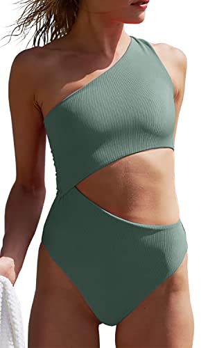 Ebifin Damen Badeanzug Sexy One Shoulder Cutout Bademode Tankini Gerippt Einteilige Bademode Swimsuit Monokini.Grün.M von Ebifin