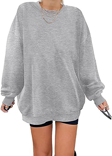 Damen Oversized Langarm Sweatshirts Reine Farbe Rundhals Casual Pullover Shirt, Hellgrau von Ebifin