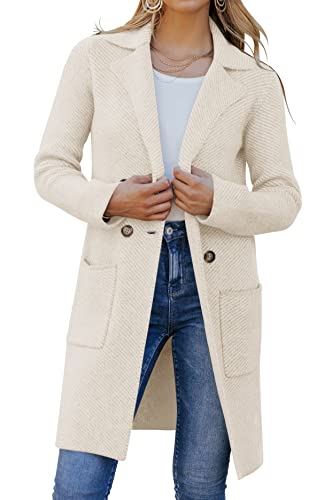 Damen-Strickjacke, offener Vorderseite, lange Ärmel, lässiger Pullover mit Knopfleiste, mit Taschen, Beige, Klein von Ebifin