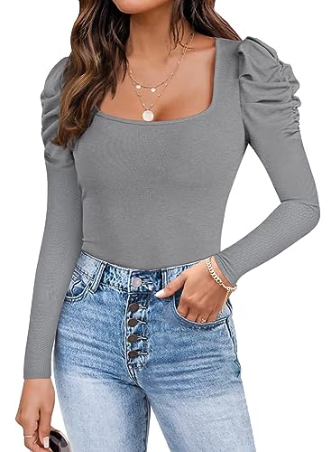 Ebifin Langarm Bodys für Damen Sexy Bodysuit Elegant Bodies Tops Square Neck Oberteil.Blume Grau.L von Ebifin