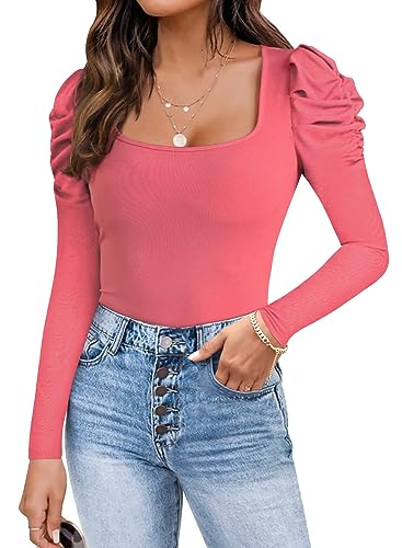 Ebifin Langarm Bodys für Damen Sexy Bodysuit Elegant Bodies Tops Square Neck Oberteil.Pfirsich.XL von Ebifin